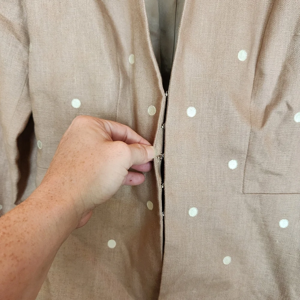 Donna Morgan Polka Dot Beige Tan Linen Blazer Suit Jacket Teill Embroidered Sz 4